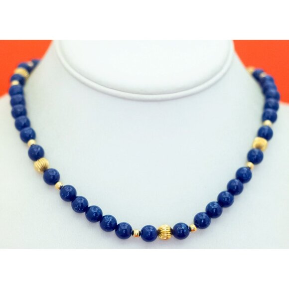 22 inch, Vintage Sphere Ball Blue Beads Beaded Necklace - F50 - Picture 2 of 3